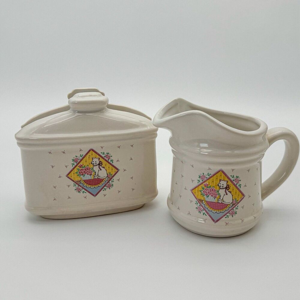 VTG Ceramic Cottage Floral Kitten Napkin Holder and Petite Creamer Set - 2 PCS